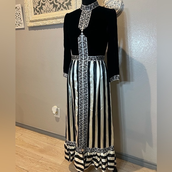 Dresses & Skirts - Vintage 1970’s black and whites white striped satin and velvet maxi dress